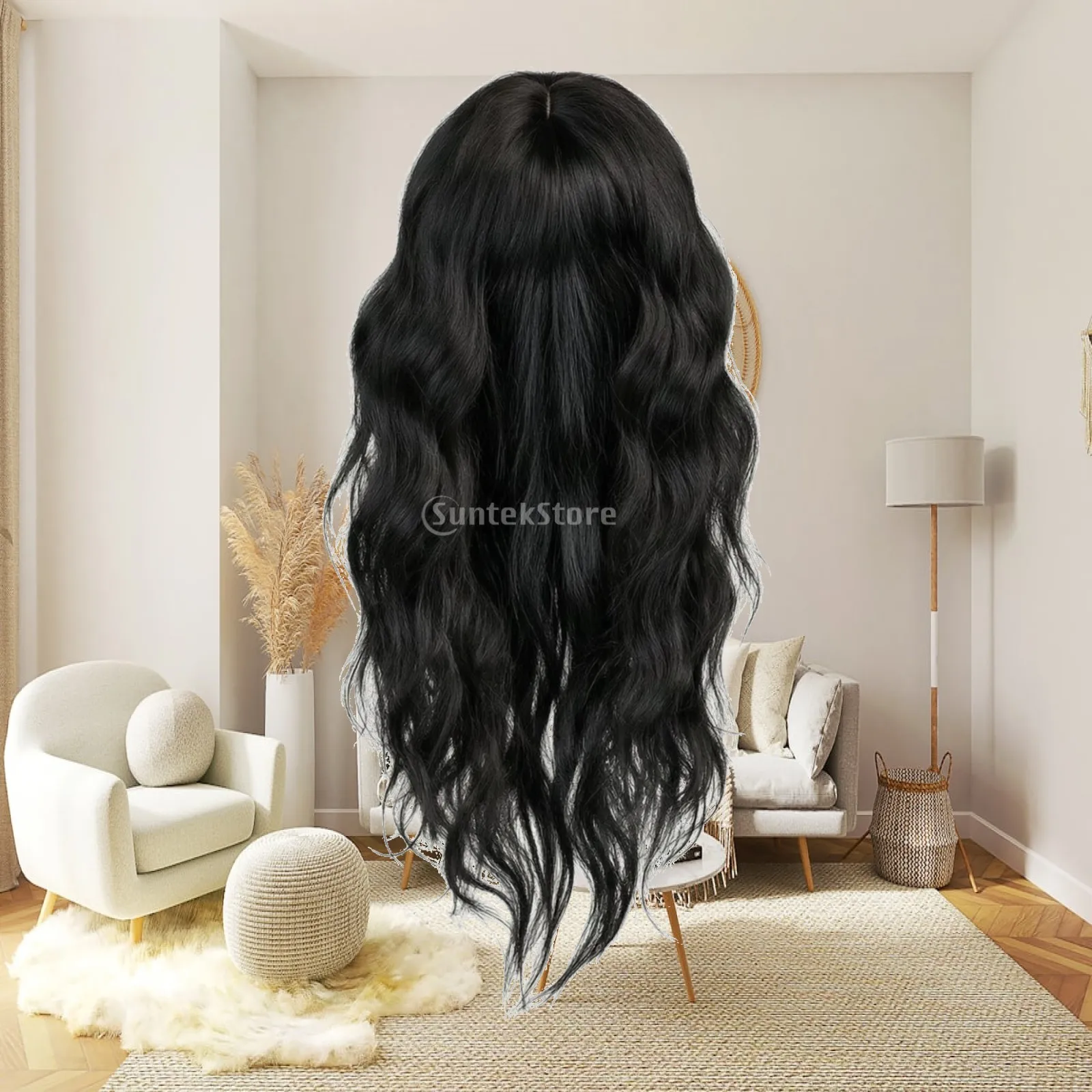 High Temperature Fiber Long Wavy Wig for Women with Bangs Natural Silhouette Comfortable All Day Cap