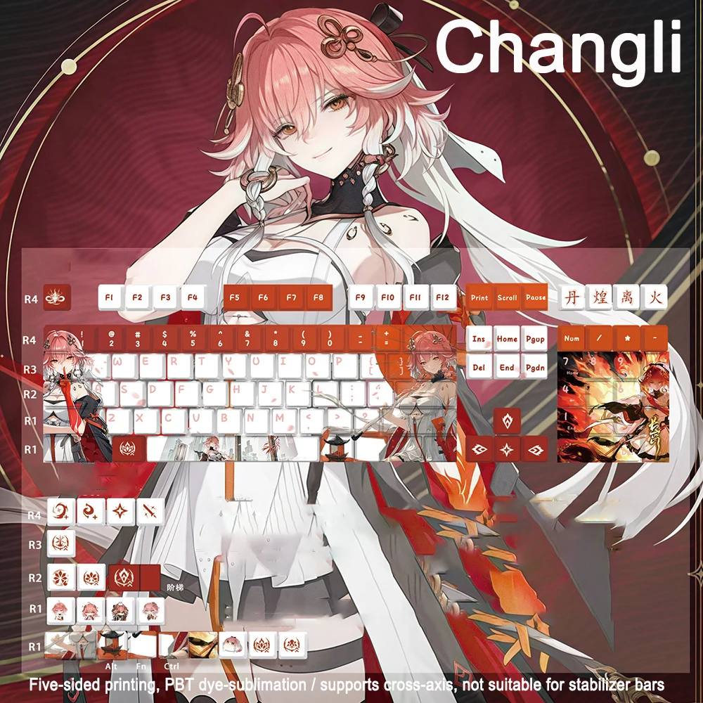 128 Keys/set Wuthering Waves Yinlin Changli Keycap PBT Cherry Profile PBT Keycaps Cartoon Anime Game Key Caps For ANSI 61 87 104