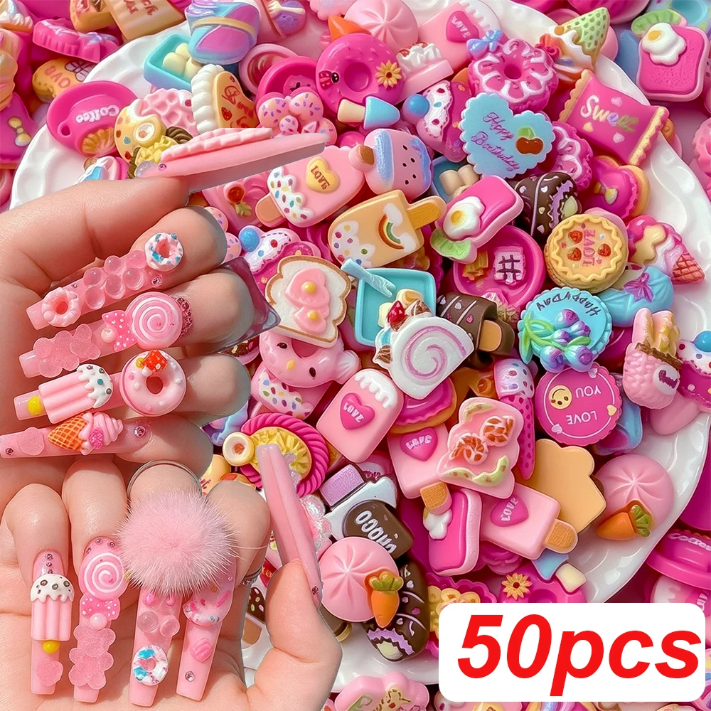 50 Stück Gemischte Dessert-Kuchen Nagelkunst-Charms 3D Harz Rosa Eiscreme Süßigkeiten Donut Lollipop Flatback Nagelrhinestones DIY Cartoon Deko