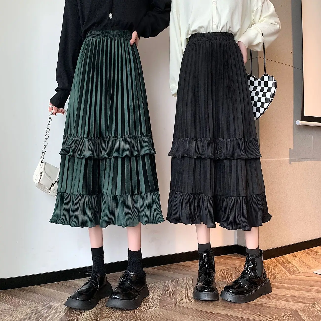 Herbst-Winter-Cord-Midi-Röcke für Damen, lässige Retro-Rock mit mehreren Lagen, einfarbiger, plissierter A-Linien-Rock, modischer koreanischer Stil. – Detail 7