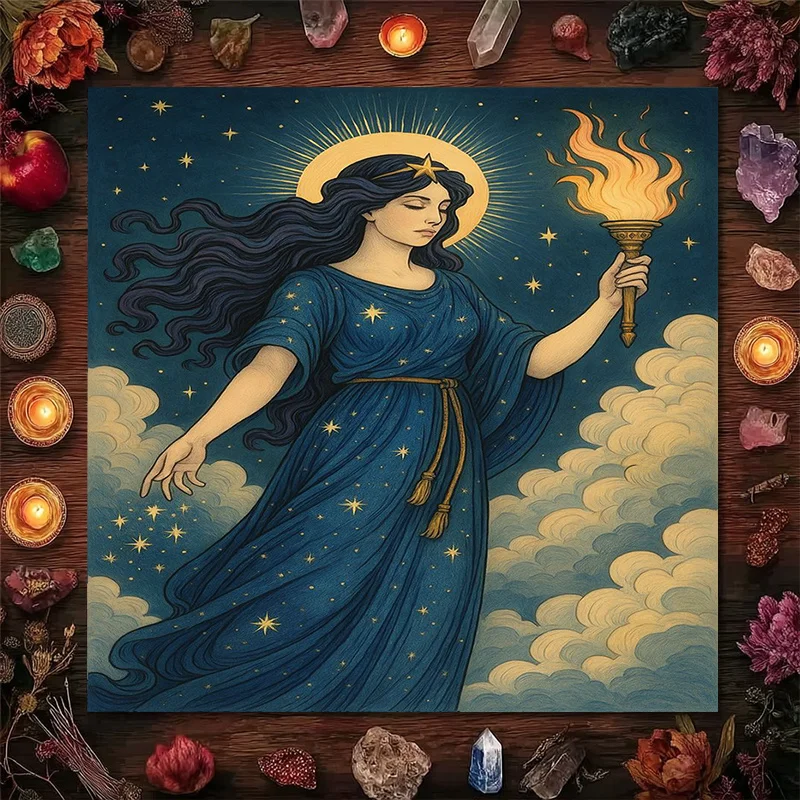 Celestial Goddess Artwork Blue Starry Night Tapestry Boho Witchy Spiritual Wall Decor Gift for Her 90x90cm