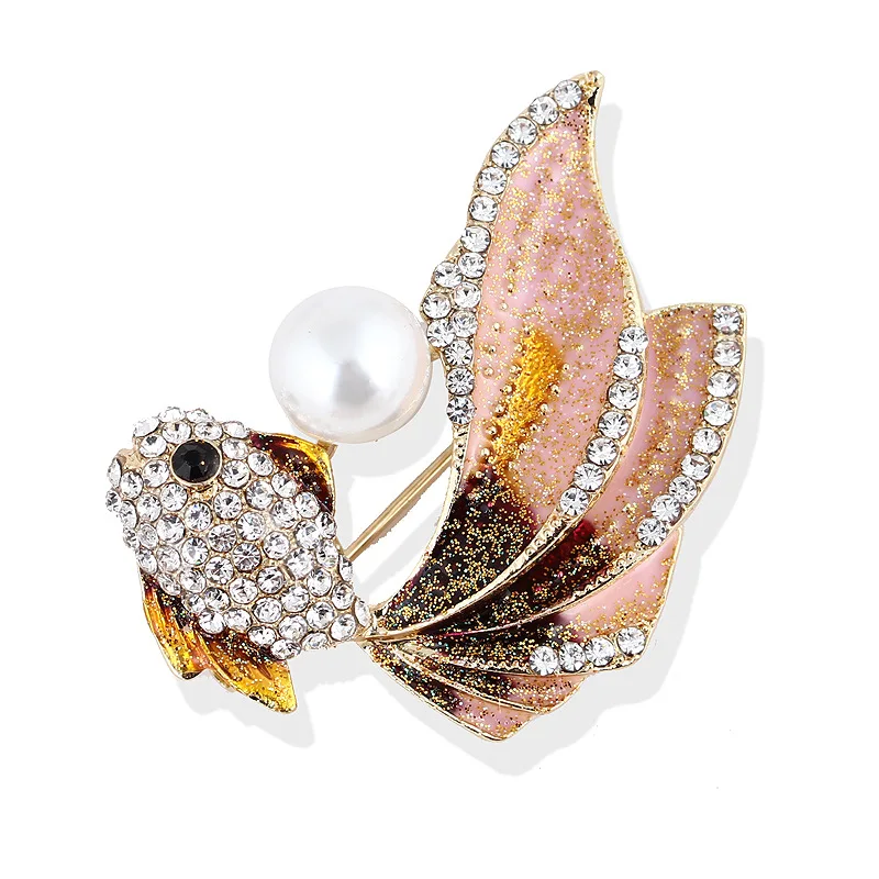 Sparkling Rhinestone Fish Pearl Brooches Women Metal Goldfish Gradient Color Tail Office Casual Brooch Pins Gifts Jewelry