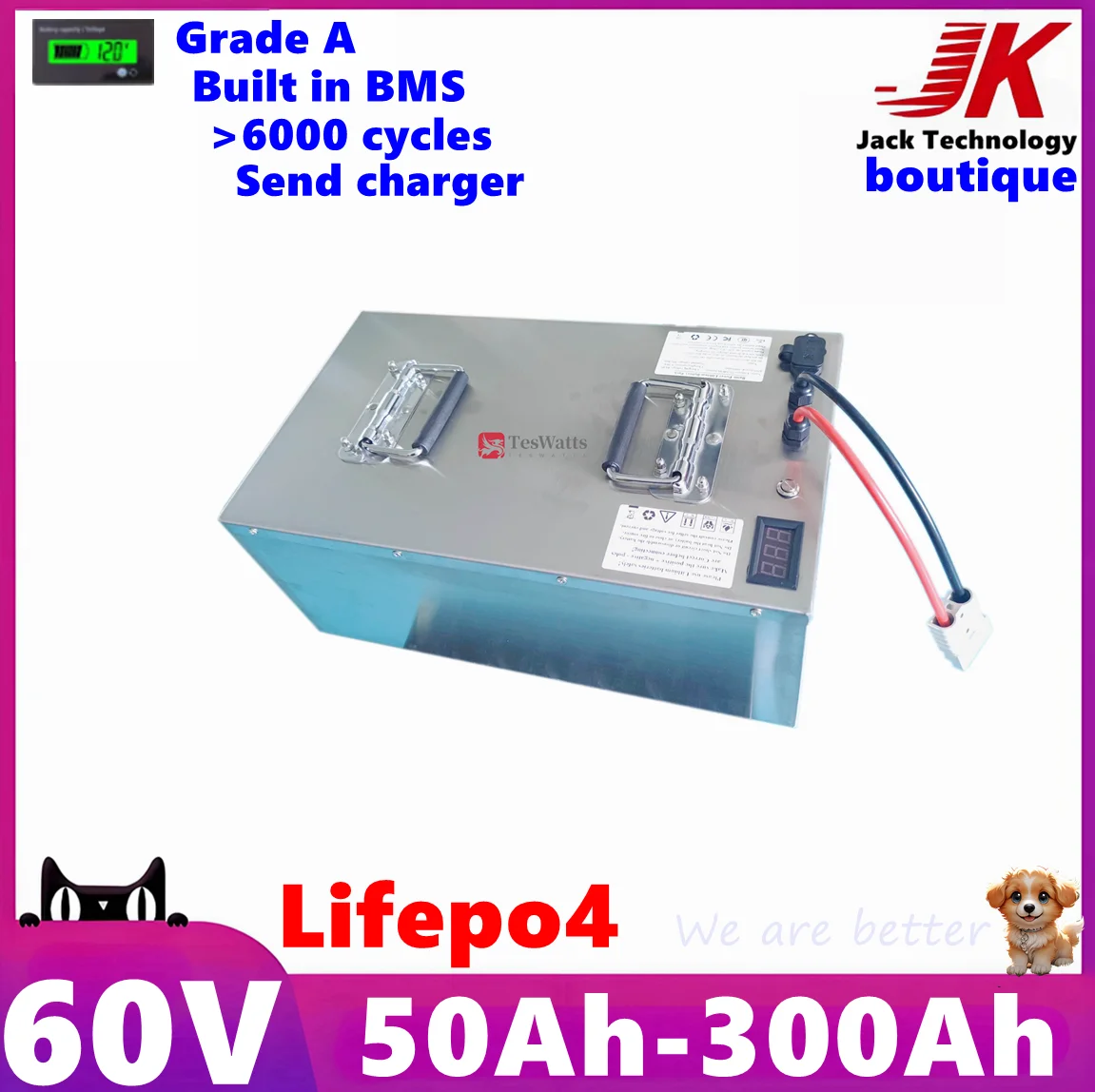 Lifepo4 60V 50Ah 90Ah 100Ah 150Ah 180Ah 200Ah 300Ah Battery for 3KW 6KW Scooter Tricycle Motorcycle EV,RV，AGV Forklift  Go Car