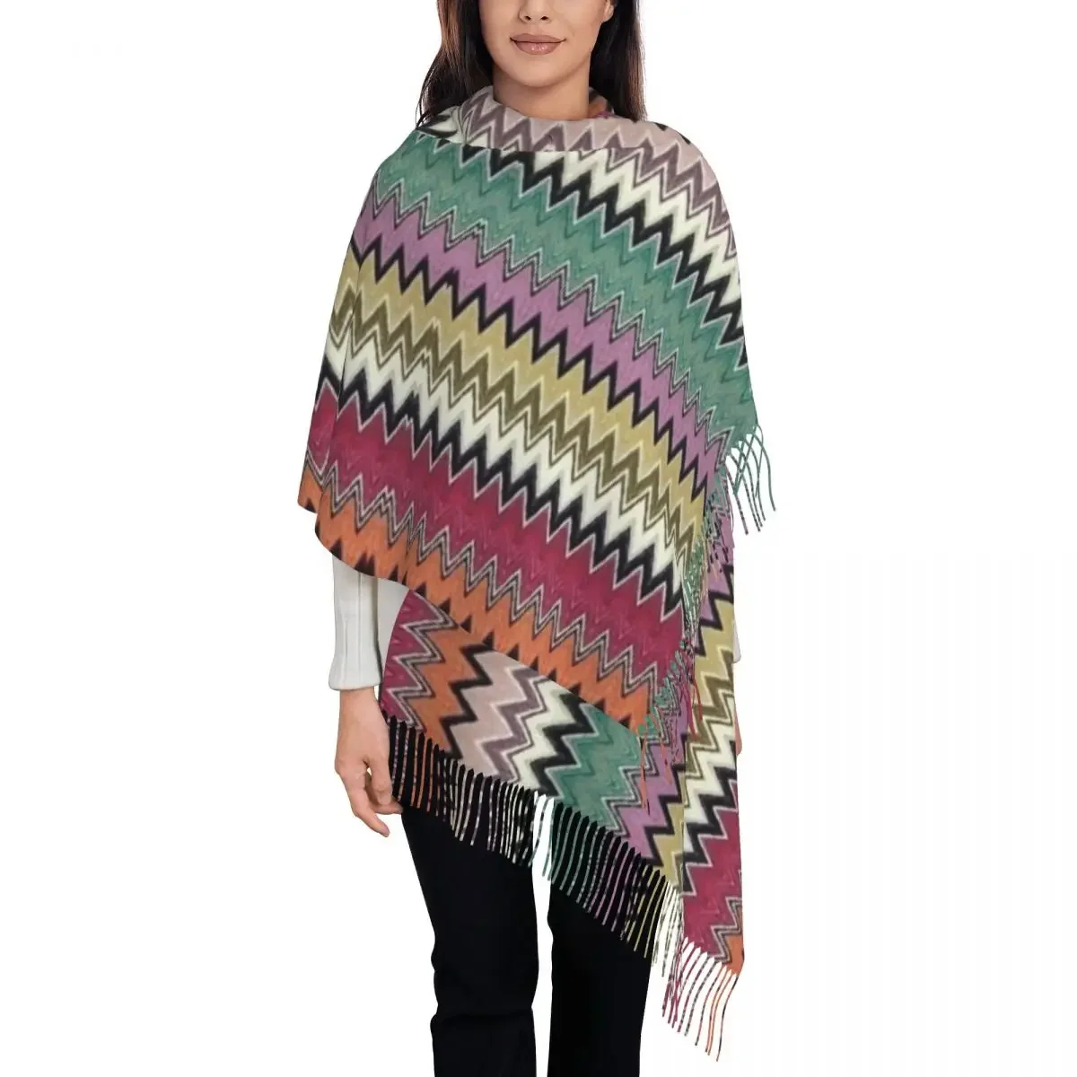 Ladies Long Colorful  Chevron Scarves Women Winter Fall Soft Warm Tassel Shawl Wrap Bohemian Geometric Scarf