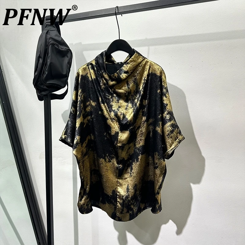 

PFNW Dark Style Men's T-shirts Loose Printing Heaps Collar Short Sleeve Pullover Male Clothing New 2024 Contrast Color 21Z4927