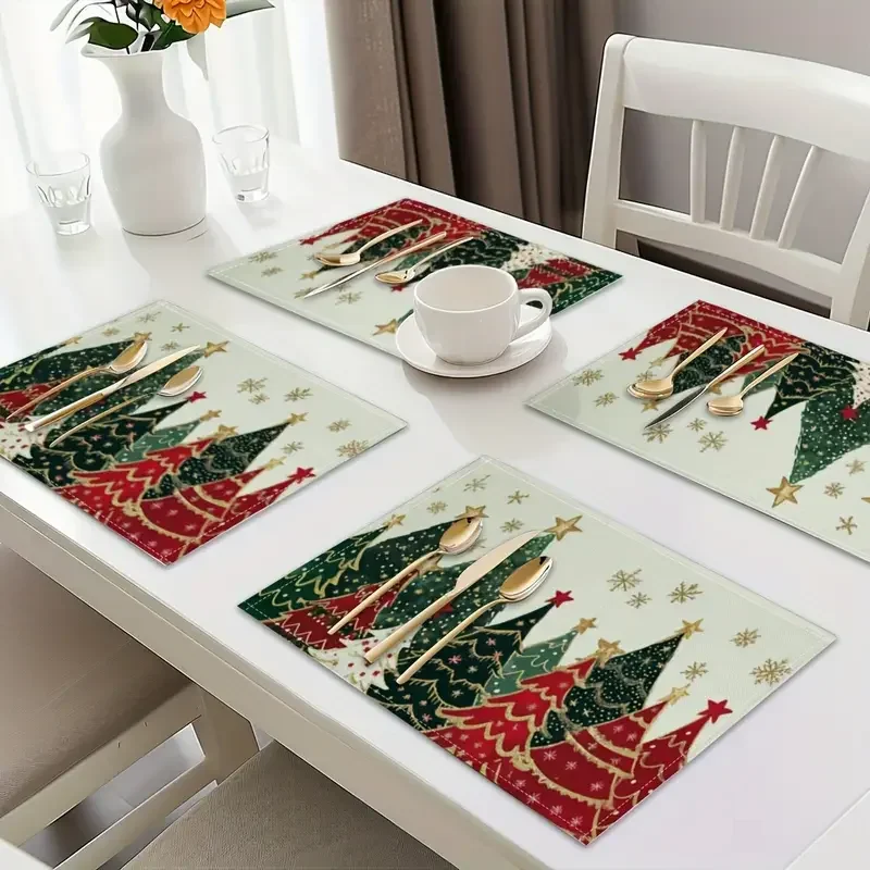 4PCS Festive Christmas Tree and Snowflake Placemats Festive Linen Table Mat for Holiday Dining and Kitchen Decor Home Party Use