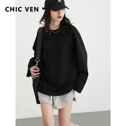 CHIC VEN t-shirt donna solido nuovo semplice allentato girocollo cotone Raglan manica lunga Pullover femminile Top primavera autunno 2024