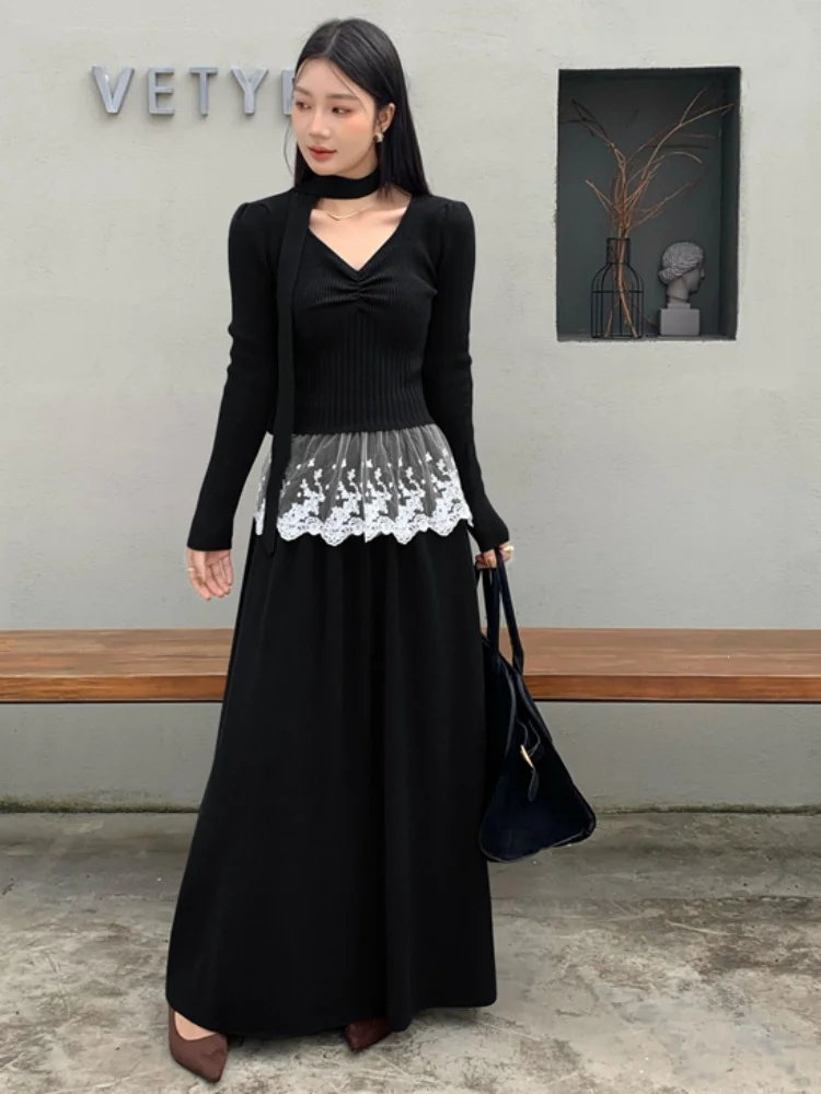 새로운 패션 달콤하고 매운 소녀 레이스 패치워크 브이넥 긴팔 상의 투피스 세트 하이웨이스트 롱 스커트 니트 2피스 의상