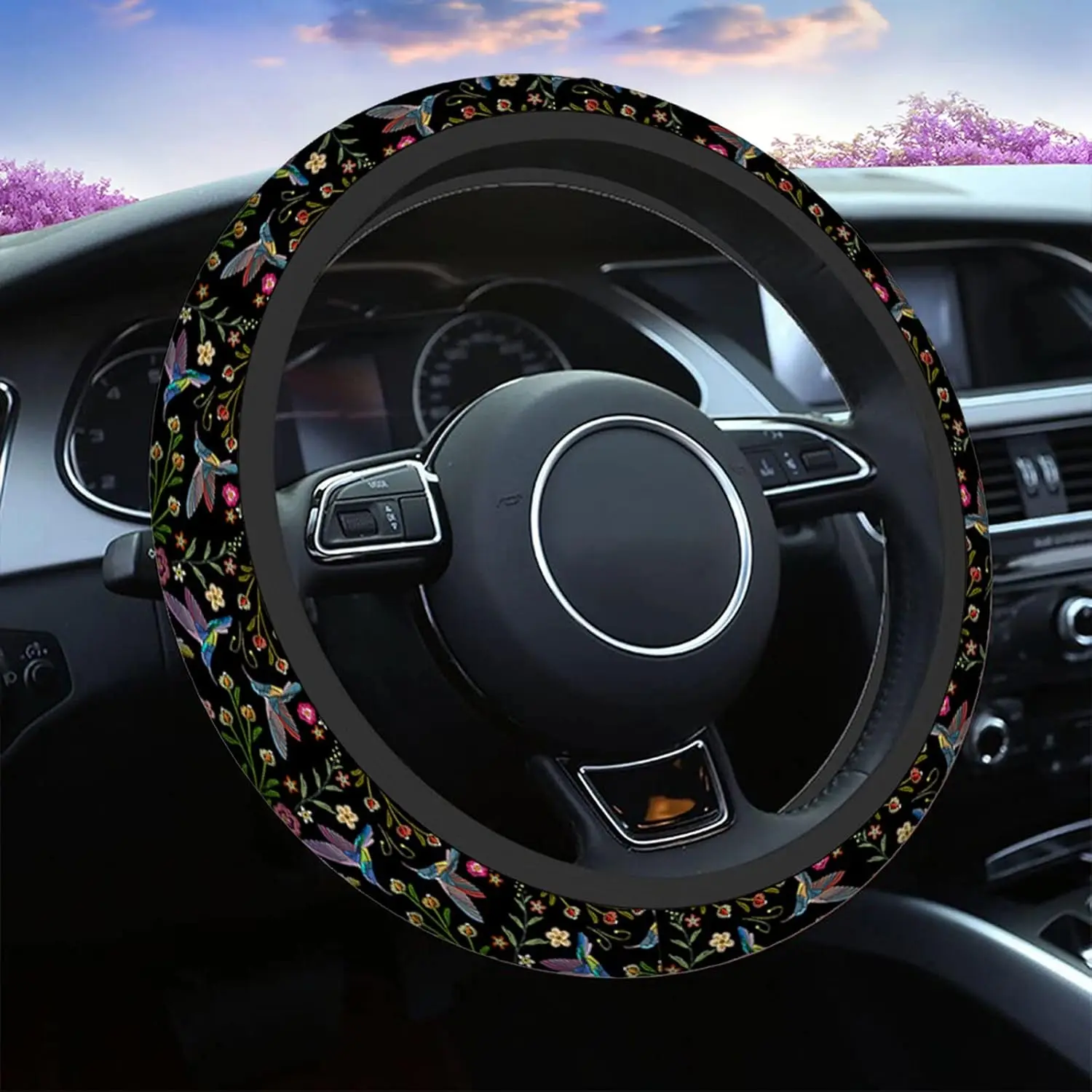 Hummingbirds and Flower Car Steering Wheel Covers for Men Women,Hummingbirds Flowers Embroidery Car Accessories Decor 15