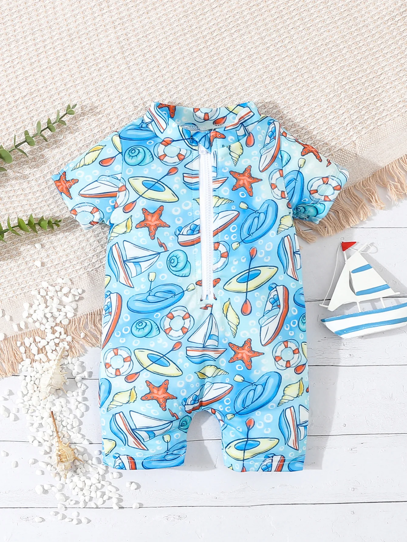 Baby Boy Summer Holiday Casual Seaside Swimming Cartoon Sea Animal Print Front Zipper Round Neck Short Sleeve One-Piece Shorts Swimsuit