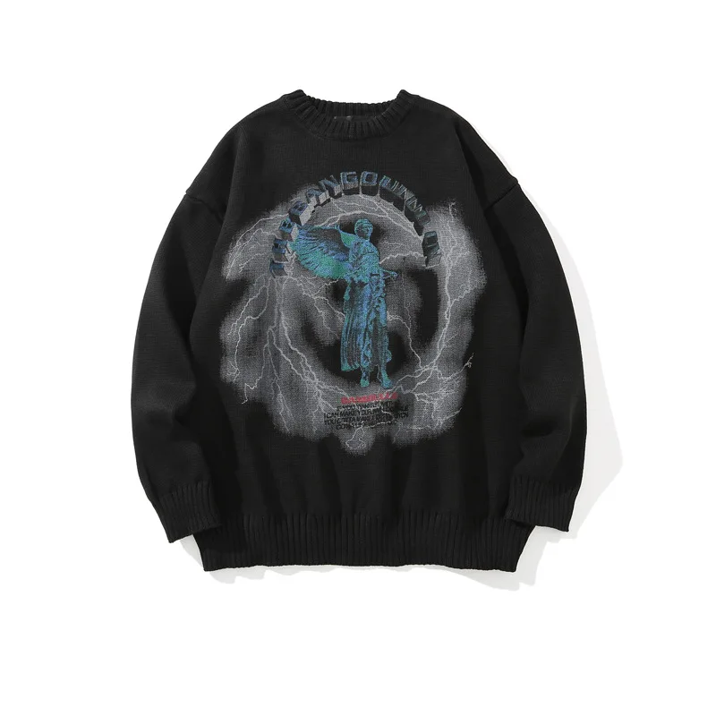 Men's High Street Graffiti Hip Hop Sweater Fashion Streetwear Oversized Knitted Jumpers Printed Loose Fit Y2K Knitwear Tops