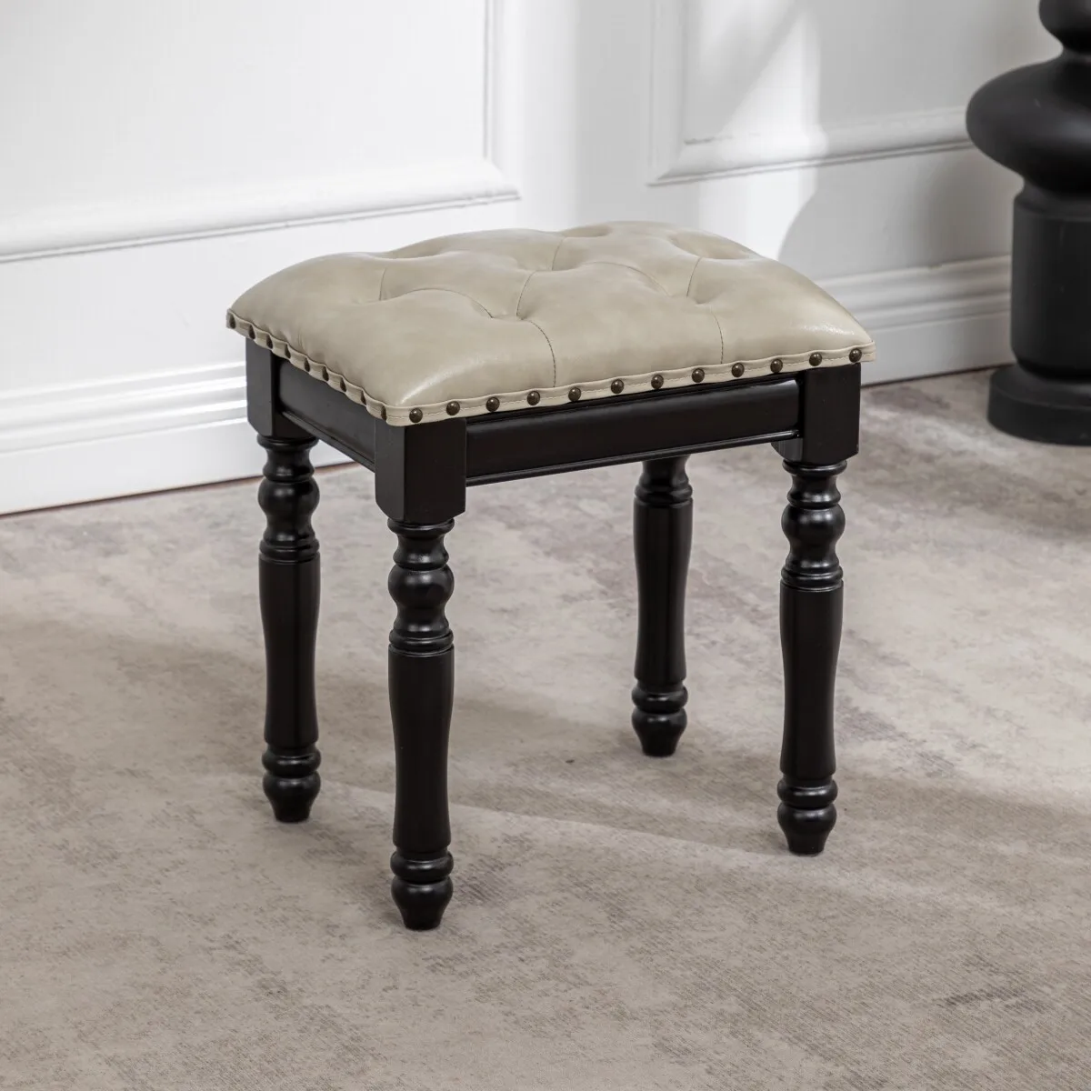 Solid wood makeup stool black dresser stool antique lamb wool soft bag stool in bedroom