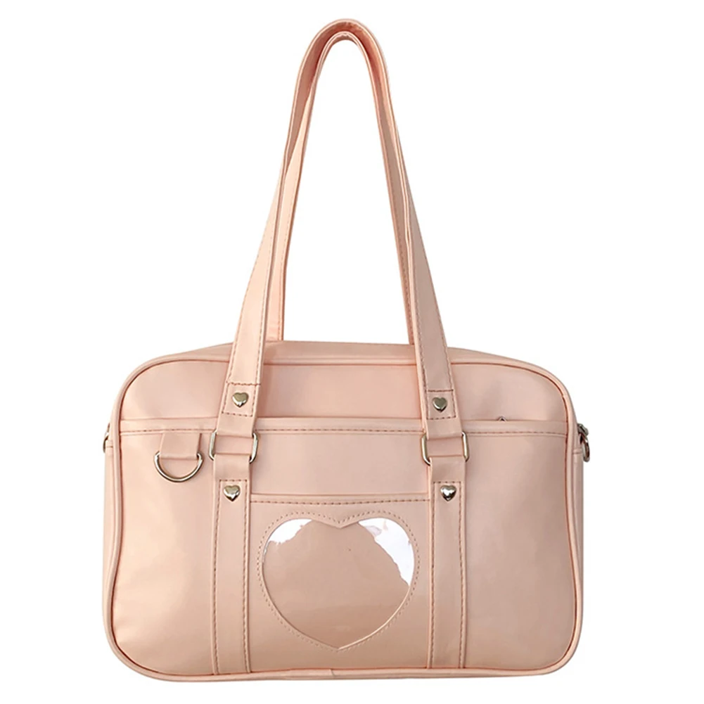 

Women Jk School Handbag Transparent Love Heart PU Comic Shoulder Bag Adjustable Strap Japanese School Bag for Shopping Commuting