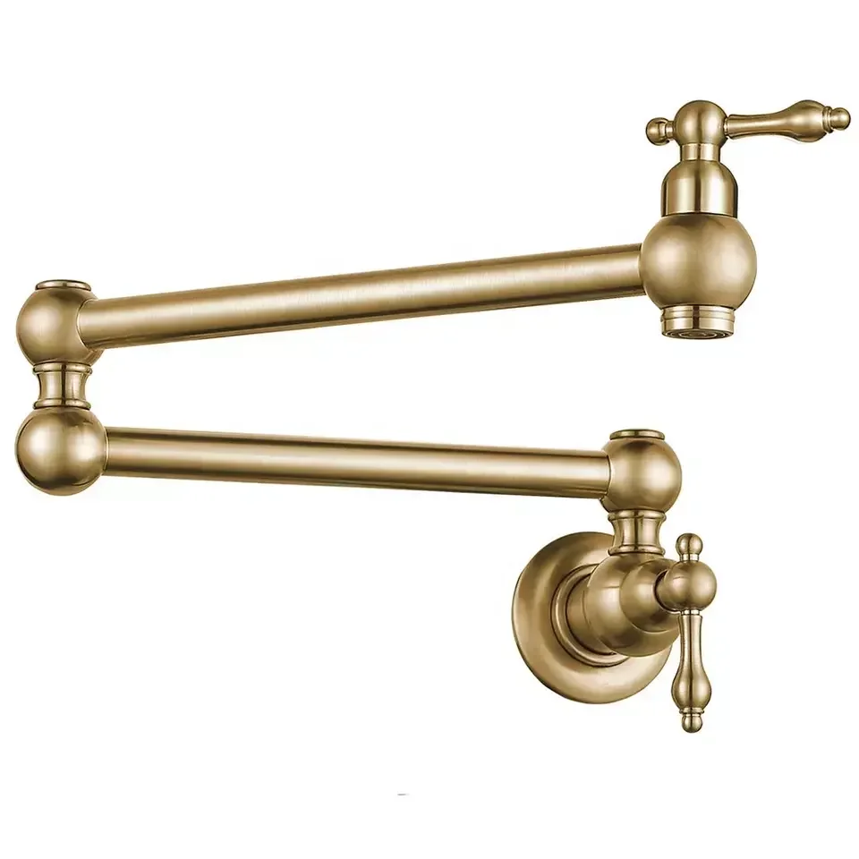 YYHC-Wall Mount Brushed Gold  Brass Folding Pot Filler Dual Handle Kitchen Faucet Stretchable Mixer Tap