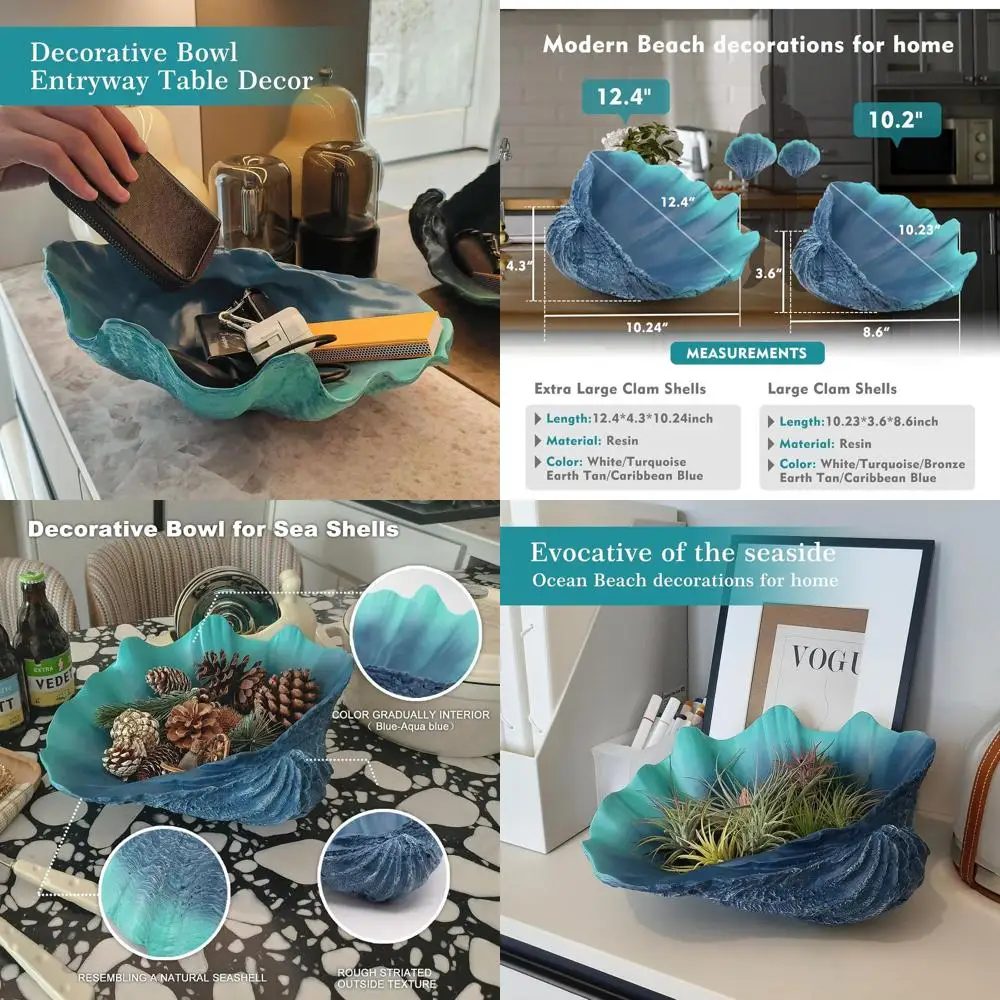 

12.4 Caribbean Blue Sea Shell Decorative Bowl for Coastal Beach Themed Home Decor & Nautical Coffee Table Centerpiece