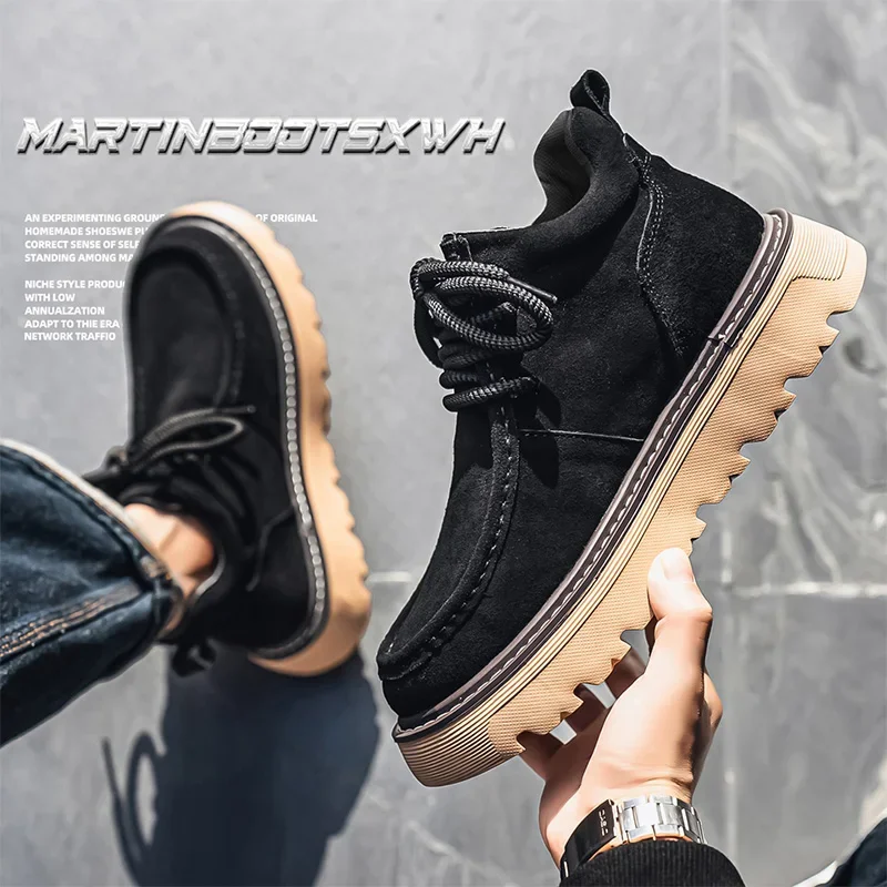 

Mens Chunky Derby Work Boots Retro Lace-Up Suede Shoes 2025 New Thick Sole Breathable Low-Top Industrial Casual Footwear for Men