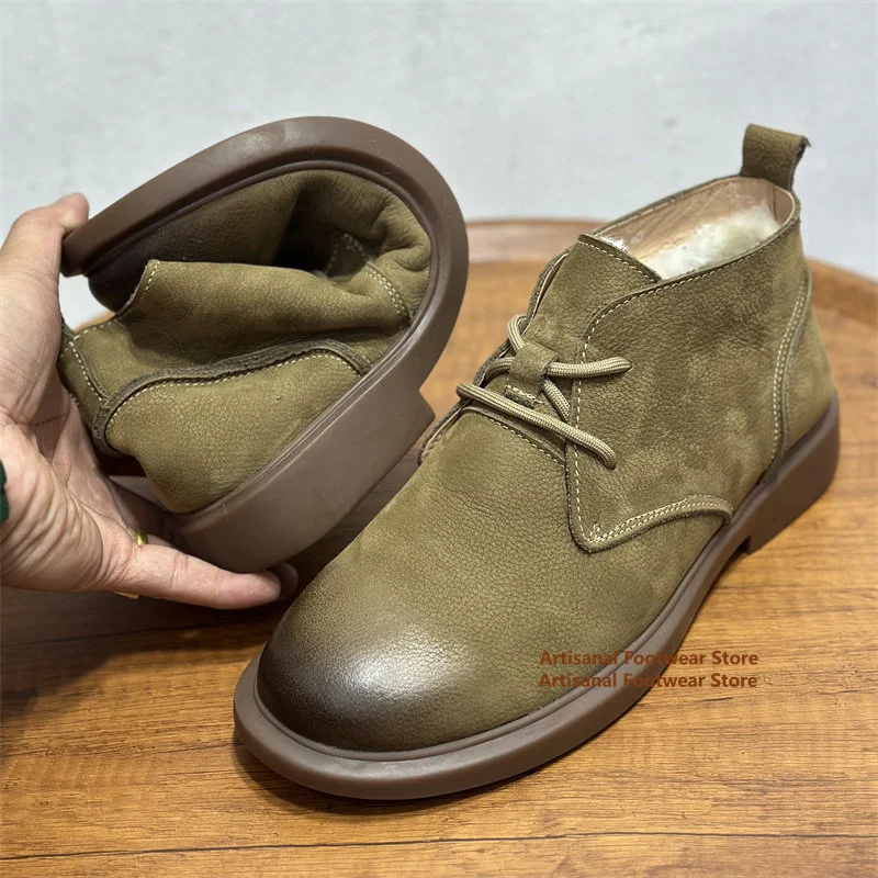Men's Khaki Leather Snow Boots Mid-Top Desert Ankle Booties Round Toe Soft Leather Soft-Soled Genuine Leather Men's Boots