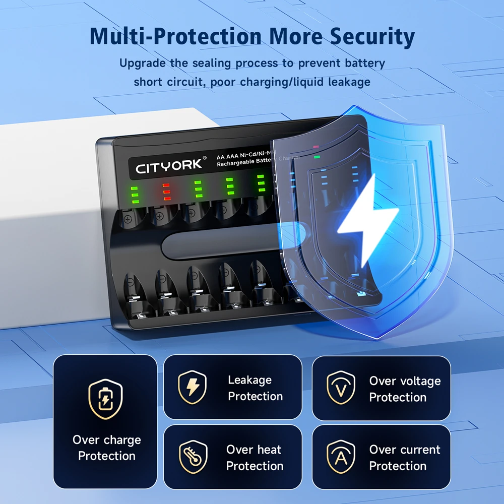 Cityork-充電式バッテリーインジケーター充電器,8スロットLCDディスプレイ,USB-C, NI-MHAA,aaa,1.2v,高速スマート充電