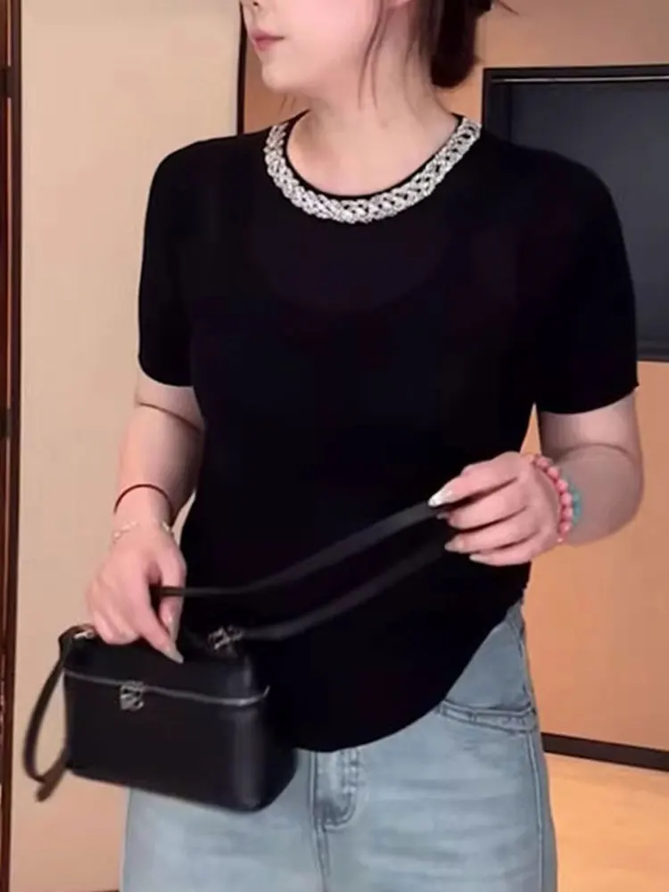 

Heavy-Embroidered Diamond Design round Ne ort Sve Ice Silk T-irt Korean Sle Loose Knitted Top Skin-friendly Summer...