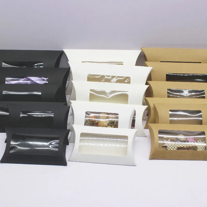 10pcs  DIY gift packaging with windows, white/kraft paper/black, multiple size pillow packaging box