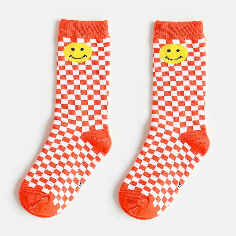 3 Double Spring and Autumn Children\'s Ins Series Checkerboard Smiley Fashion Boys and Girls Sports Student Cotton Midtube Socks