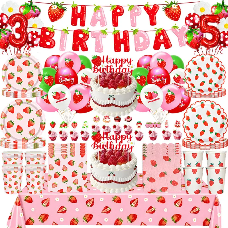 Erdbeer-Geburtstagsparty-Dekoration: Tischgeschirr, Tassen, Teller, Servietten, Tischdecke, Ballons, Hintergrundbanner, Geschenktüten, Mädchen-Partyfavors