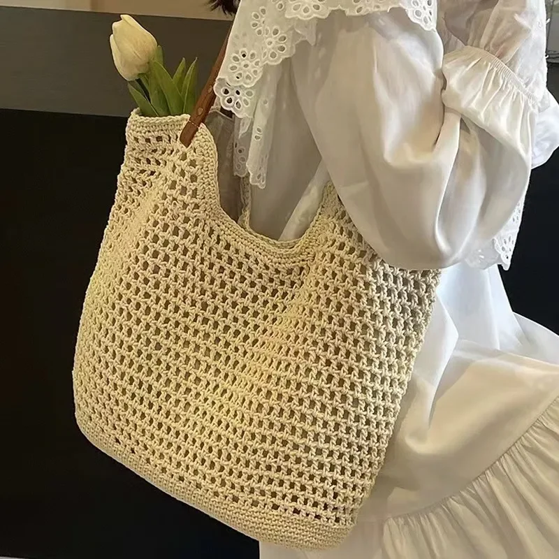 Bolso tote de paja tejido a mano para mujer, hecho con hilo de algodón de primera calidad, bolso de hombro de gran capacidad para vacaciones y playa