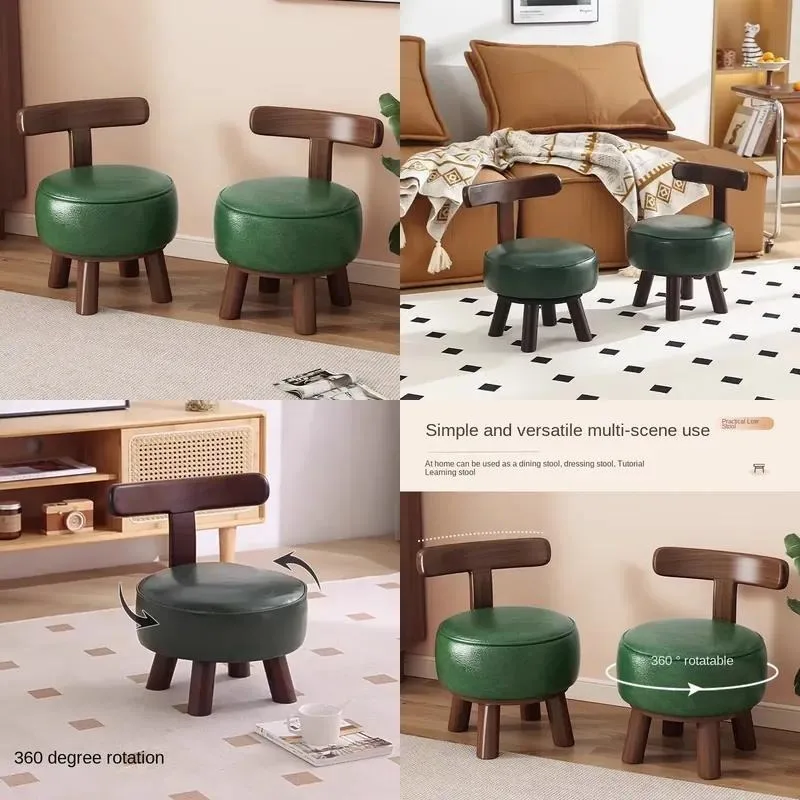 Solid Wood Rotating Low Stool with Backrest Soft Cushioned Bench Small Chair for Children Household Living Room Shoe Changing