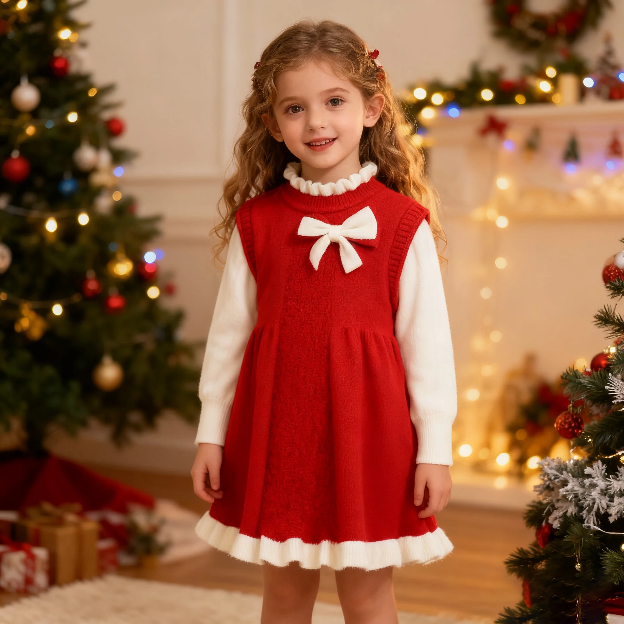 

Christmas Long-sleeved sweater for girls long sleeve skirt autumn winter New Year clothing dress with bow tie children's dress