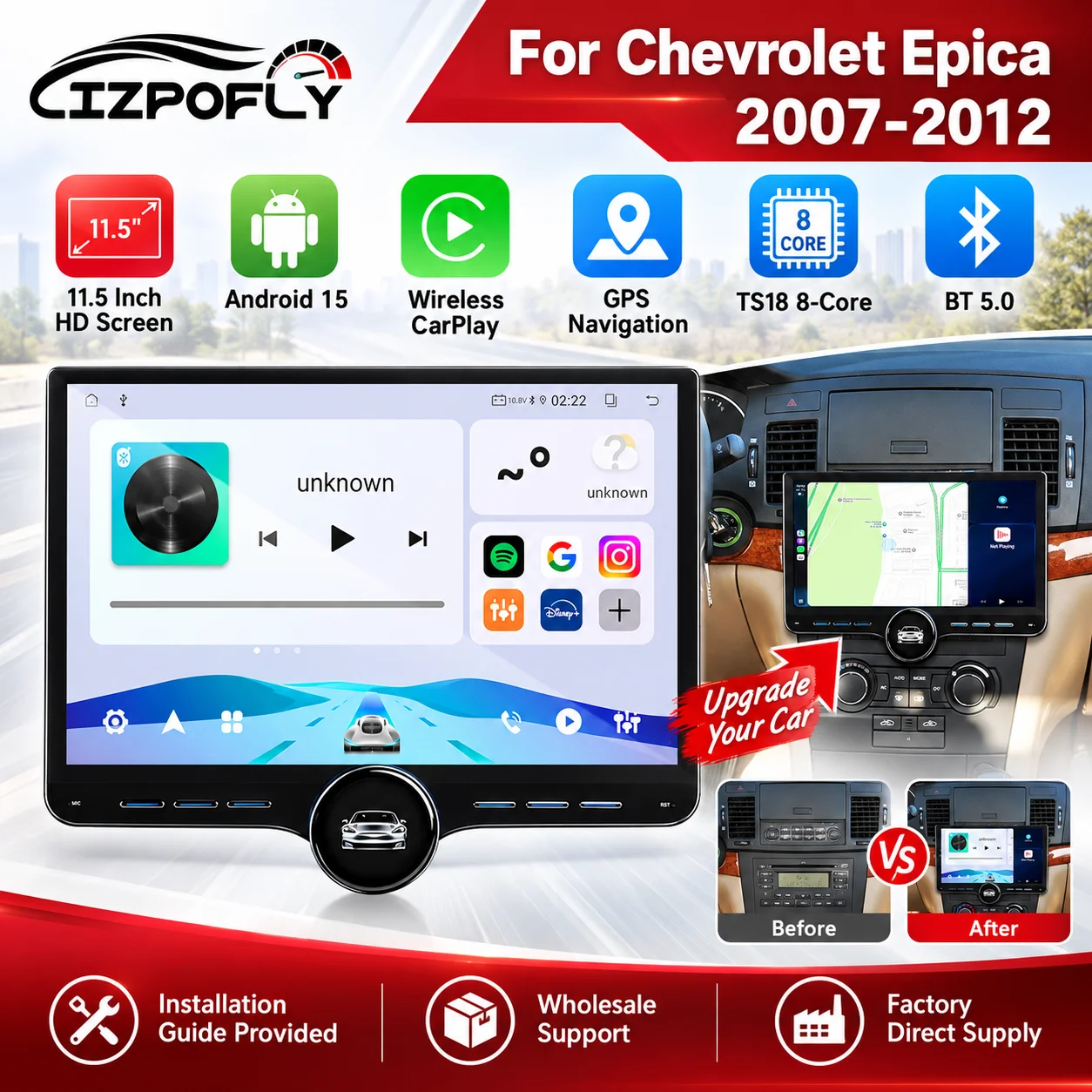 Lizpofly 11.5 Inch Android 15 Car Radio For Chevrolet Epica 2007-2012 Wireless CarPlay GPS Navigation BT5.0 TS18 8-Core