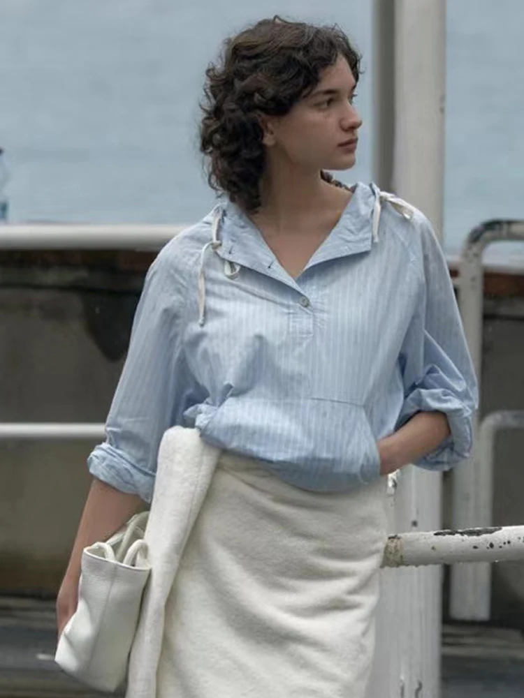 

Loose Women's Striped Shirt with Hood Long Sleeve Korean Style Commute Cotton Spring New Arrival Fashionable Casual Top