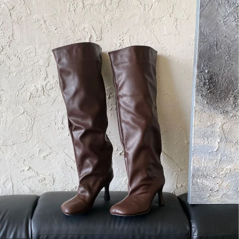 Retro Women Knee High Boot Fashion Stack Slouch Boots Elegant Square Head High Heeled Boots for Woman Designer Shoes Botas Mujer