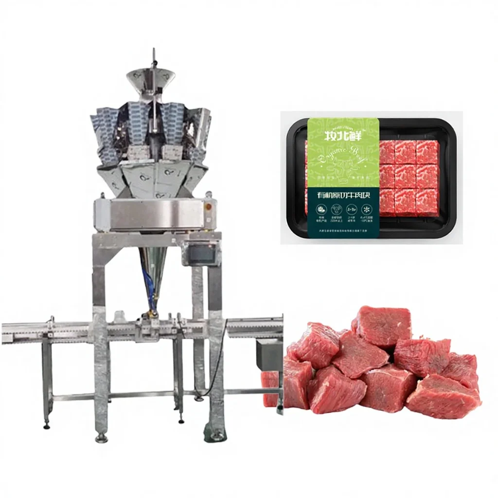 Automatic Tray Denestery Fresh Meat Packing Line Weighing Filling Flow Chicken Fish Cube Tray Packaging Machine Bulk&Custom