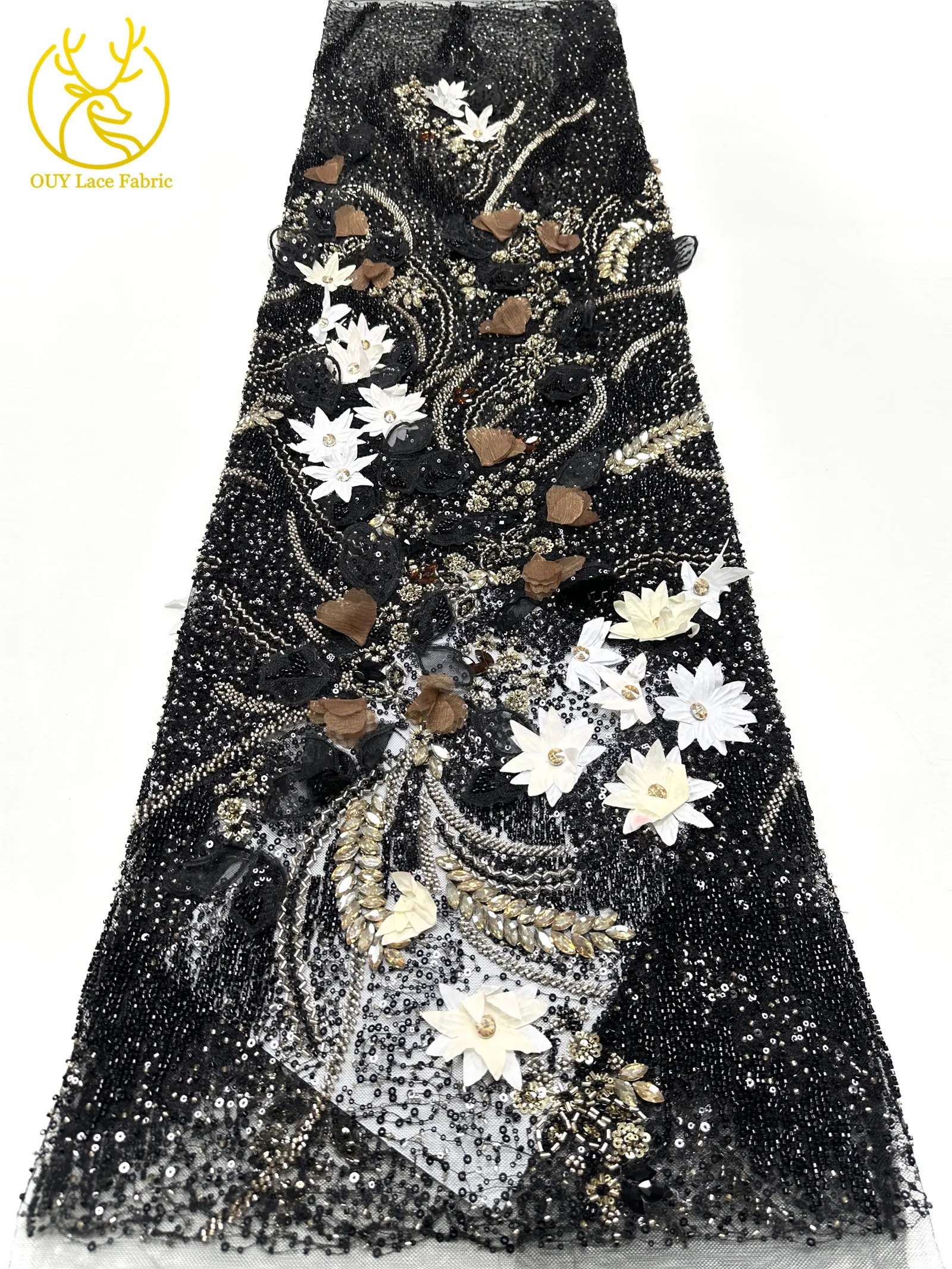 Hochwertiger luxuriöser französischer Edelstein-Perlenstickerei-3D-Blumen-Afrikanischer-Pailletten-Spitzenstoff für DIY handgefertigtes Hochzeitskleid. – Detail 30