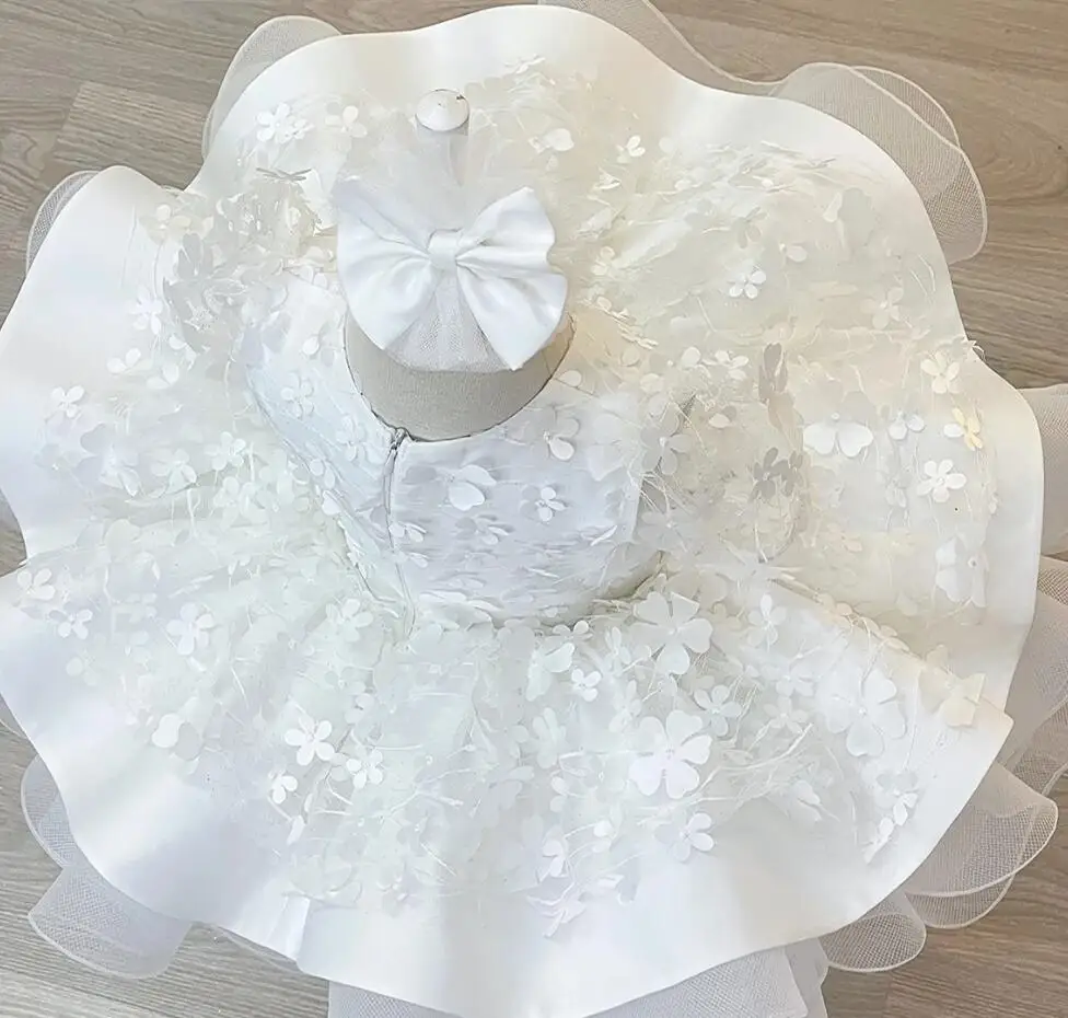 Puffy Applique Flower Girl Dress Short Sleeve White Baby Kids Birthday Prom Baptism Princess Ball Gown First Communion Dress