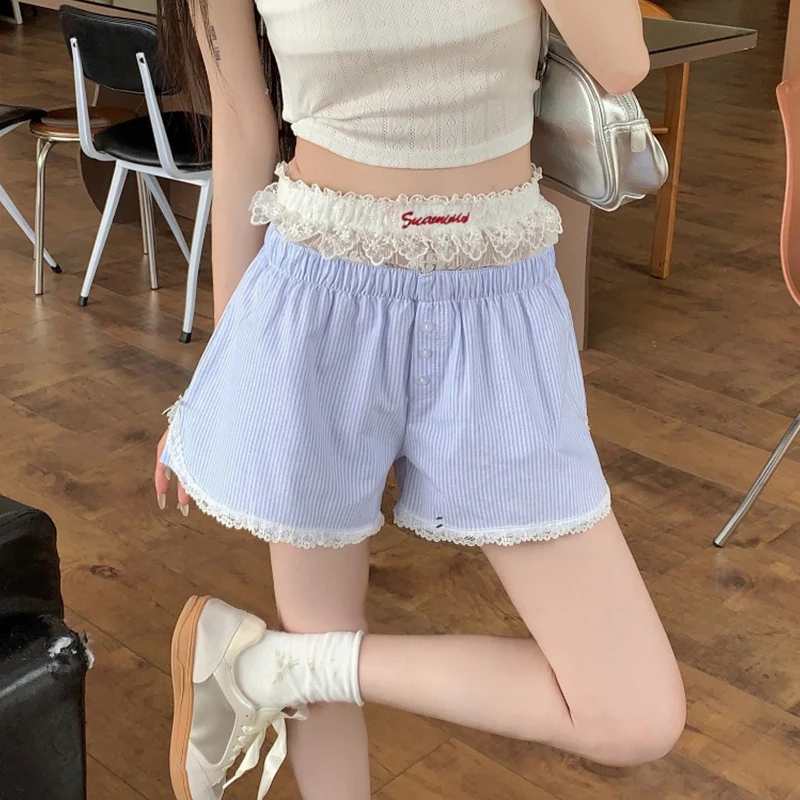 New Korean Style Fashion Casual High Waist Lace Striped Double Layer Shorts For Women