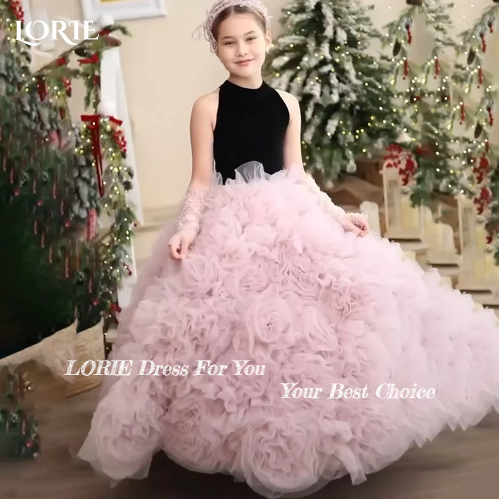 LORIE Baby Toddler Sleeveless Rose FlowerTulle Bow A-Line Tutu Twirly Babydoll Flare Ball Gown Princess Flower Girl Dress