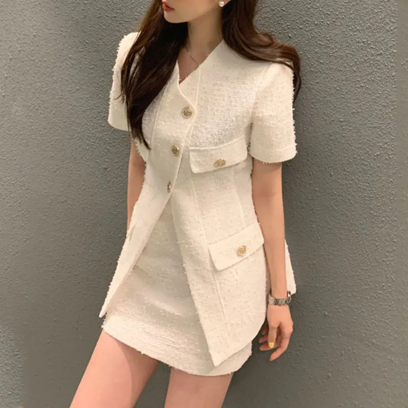 Elegant V-neck Single-breasted Textured Pocket Decoration Short Coat+high Waist Pocket Hip Skirt 2024 Summer Korean Chic Coats