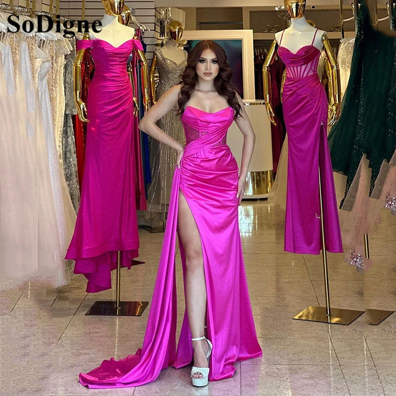 

SoDigne Fuchsia Evening Dresses 2023 Long Side Split Pleats Formal Prom Gowns For Woman Long Satin Elegant Party Dress