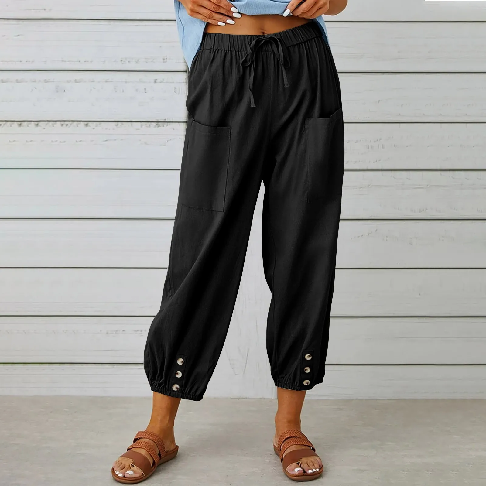 2025 Women Cotton Linen Pants with Button Overall Wide Leg Trousers Plus Size Solid Color Casual Spring Summer Pants for Lady