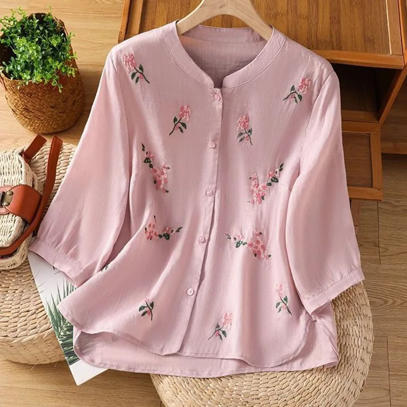 

Весенне-летняя женская рубашка из хлопка и льна в стиле ретро, однотонная, с цветочной вышивкой, больших размеров, с рукавом три четверти