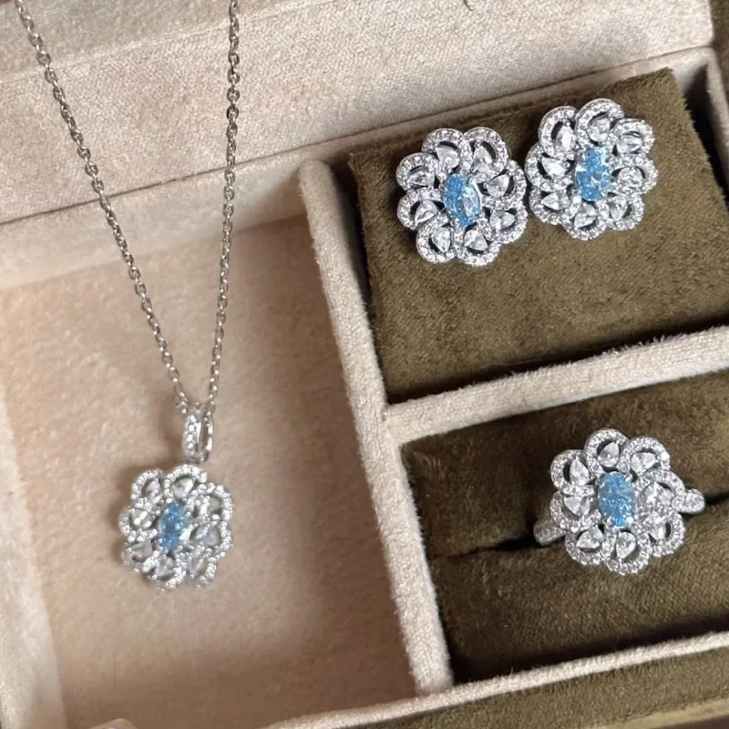 

silver 925 Sea blue gem necklace earrings ring High Grade Hollow out Gorgeous Court style wedding Flower jewelry sets for women