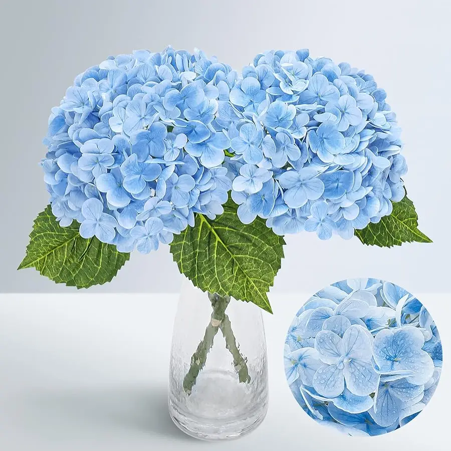 

21" Real Touch Blue Hydrangea Artificial Flowers with Long Stem & Leaves, Full Latex Faux Hydrangea Flowers for Home Decor Party