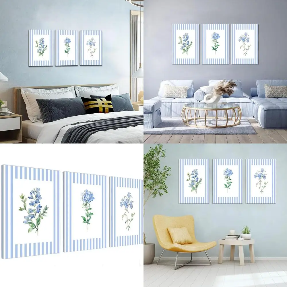 

Набор из 3-х настенных рисунков на холсте в сине-белую полоску с цветочным принтом, винтажные ботанические принты Cottagecore, 24x16 декора в рамке для дома