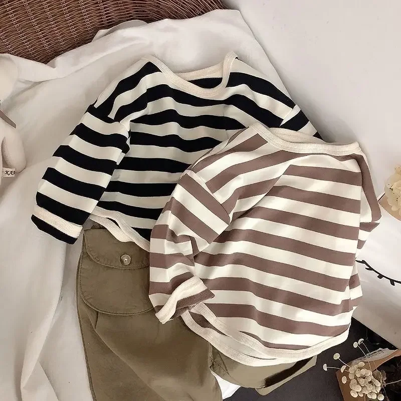 Spring Autumn Fashion Striped Children Long Sleeved T Shirt Loose Casual Kids Base Shirt Baby Boys Pocket Blouse Crewneck