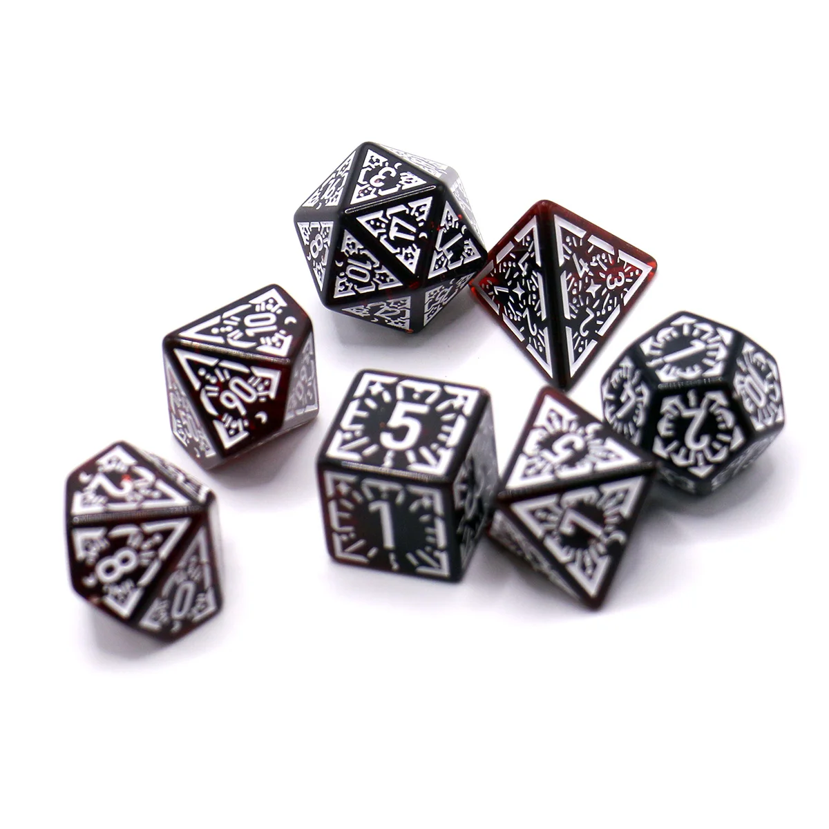 7Pcs Set Translucent Classical Rune Relief Board Game Dice Set TRPG Dice, Polyhedral Table Game Dice for RPG Dice Games