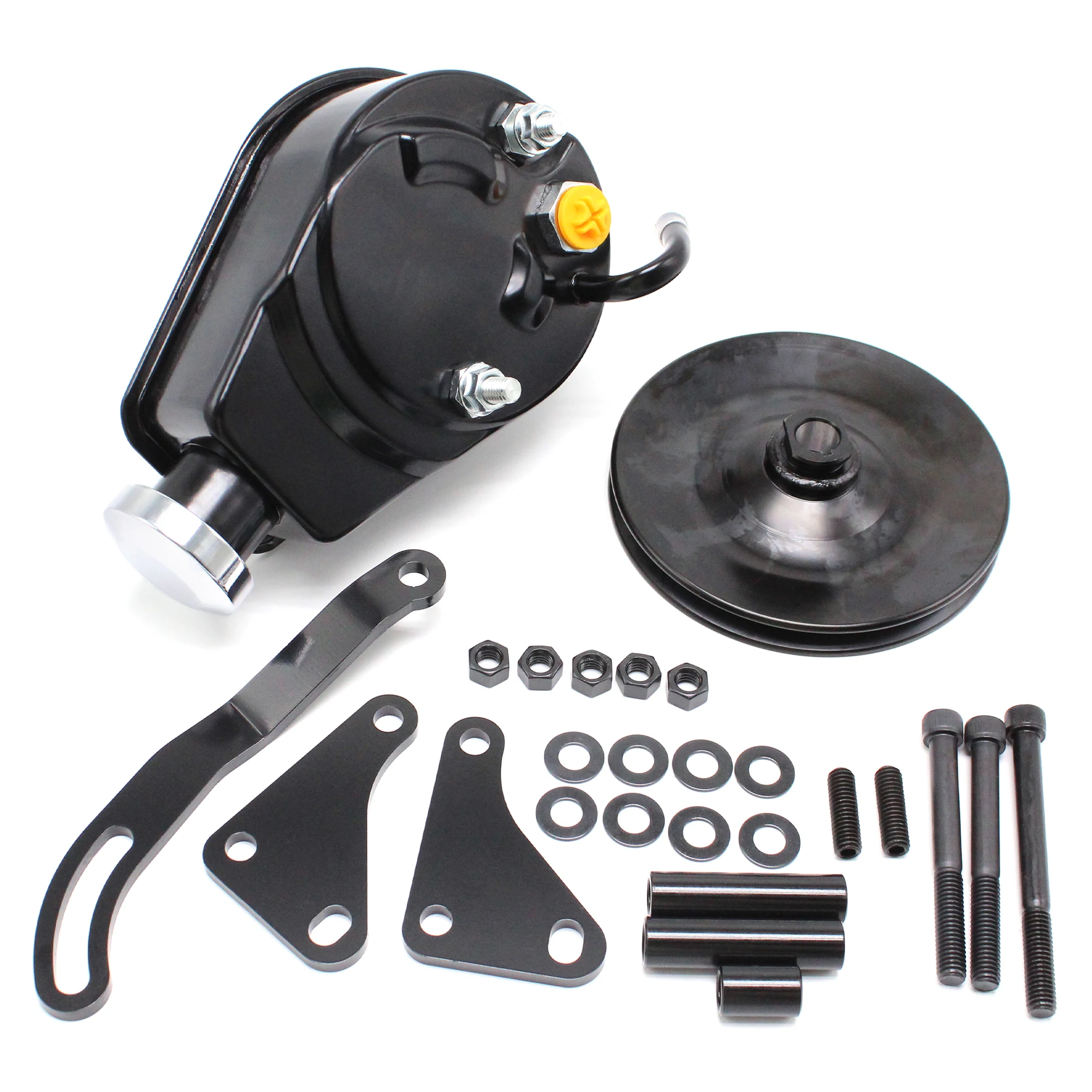 For Small Block Chevy 305 350 Saginaw Power Steering Pump & Bracket & Pulley Kit Black
