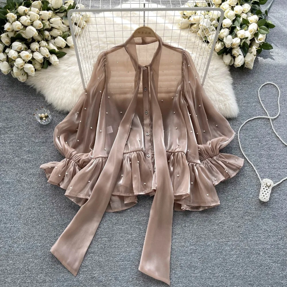 Chic Sweet Bow Flare Long Sleeve Blouse Slim Chiffon Elegant Korean Fashion Top Sexy Women Mesh Shirt