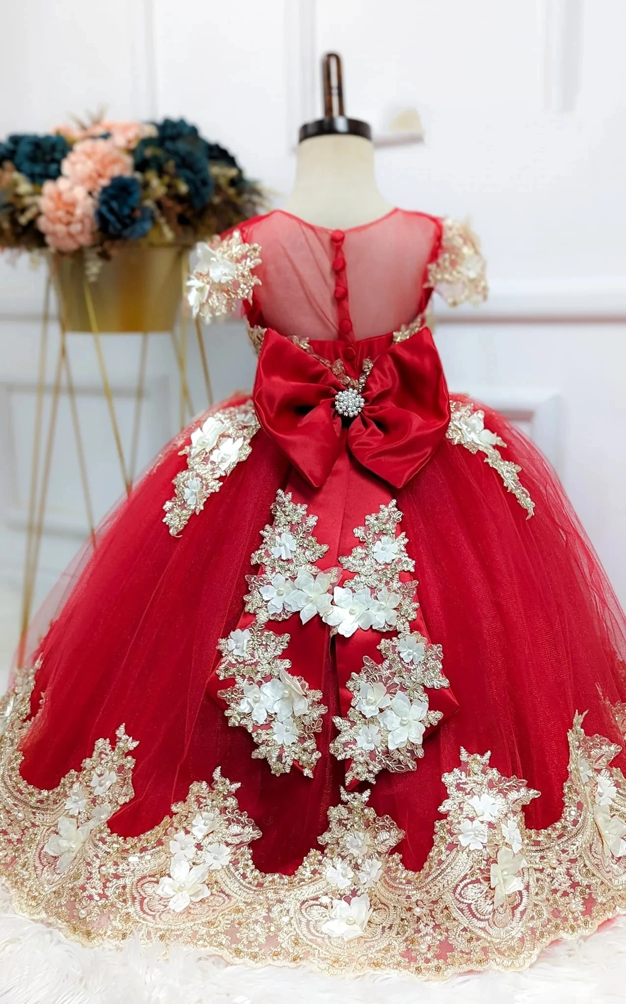 Customized Red Flower Girl Dress For Wedding Appliques Bow Short Sleeve High Waist Elegant Kids Birthday First Communion Gown