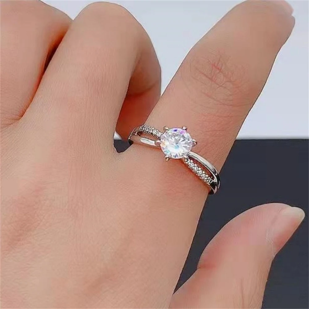 Engagement Rings Set for Women Men Silver Color Zirconia Open Finger Ring Size Adjustable Wedding Jewelry for Couple Lovers Gift